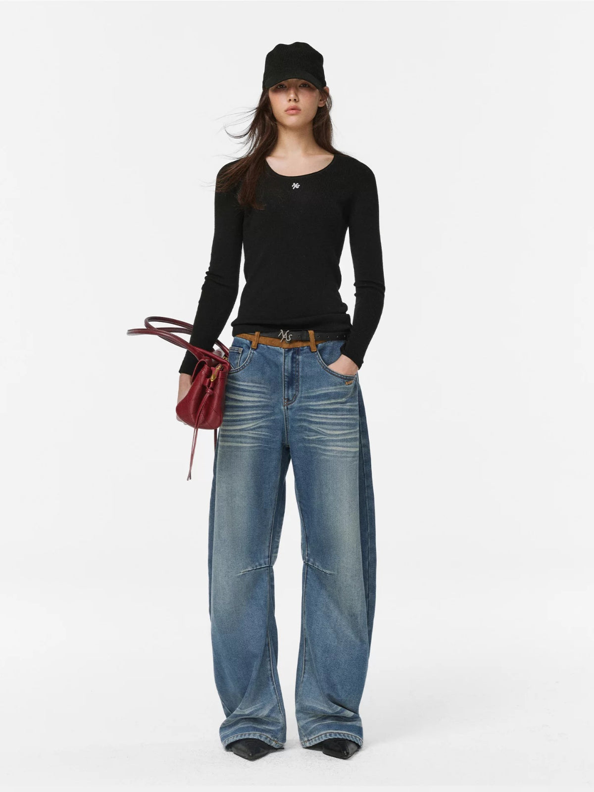 Faux Suede Waistband Barrel Jeans