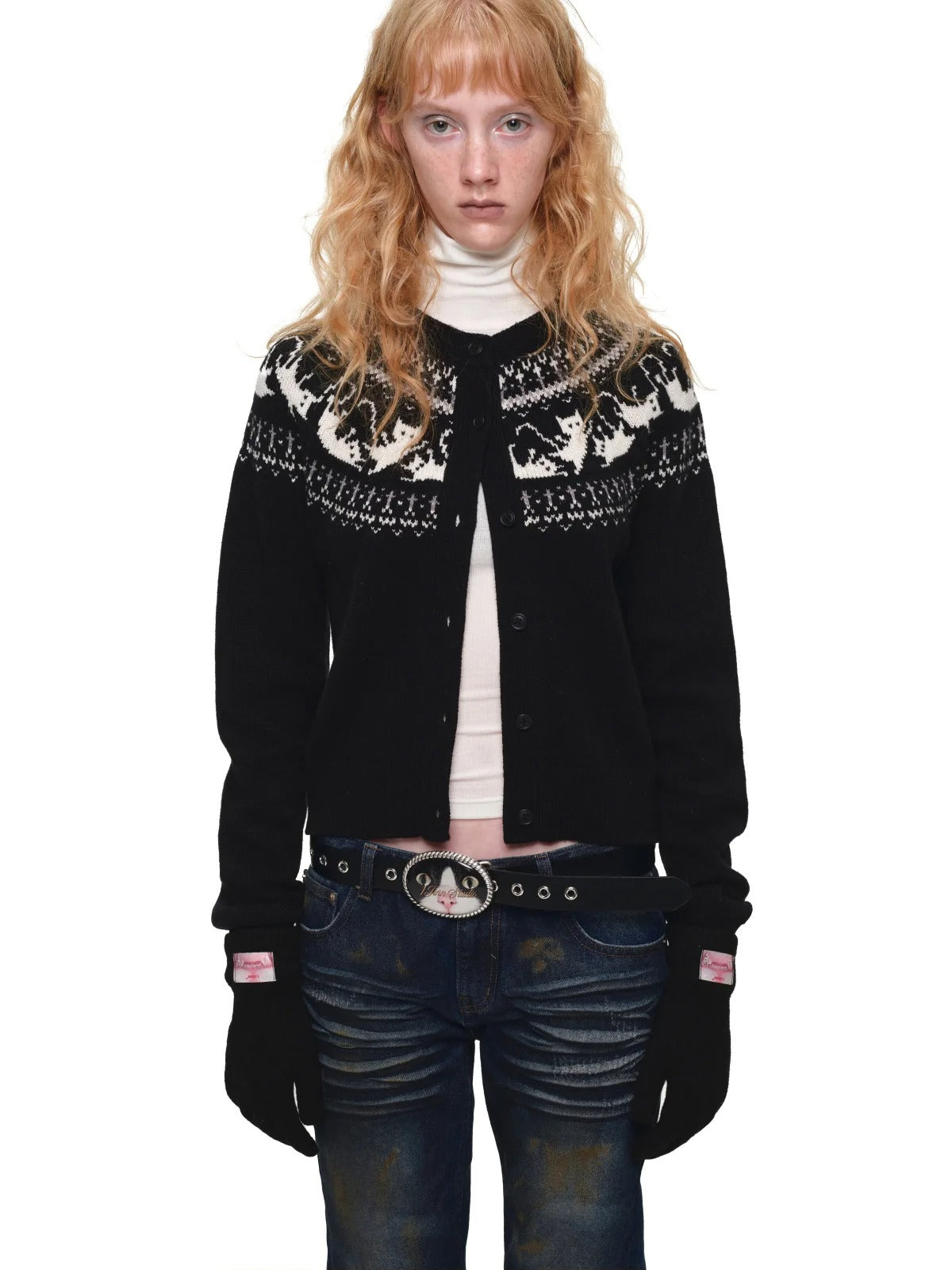 Fair Isle Cat Crewneck Cardigan