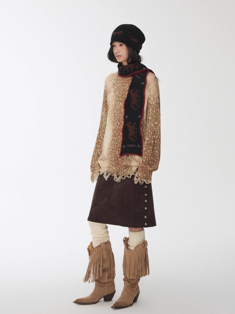 Vintage Deer Print Distressed Knit Sweater