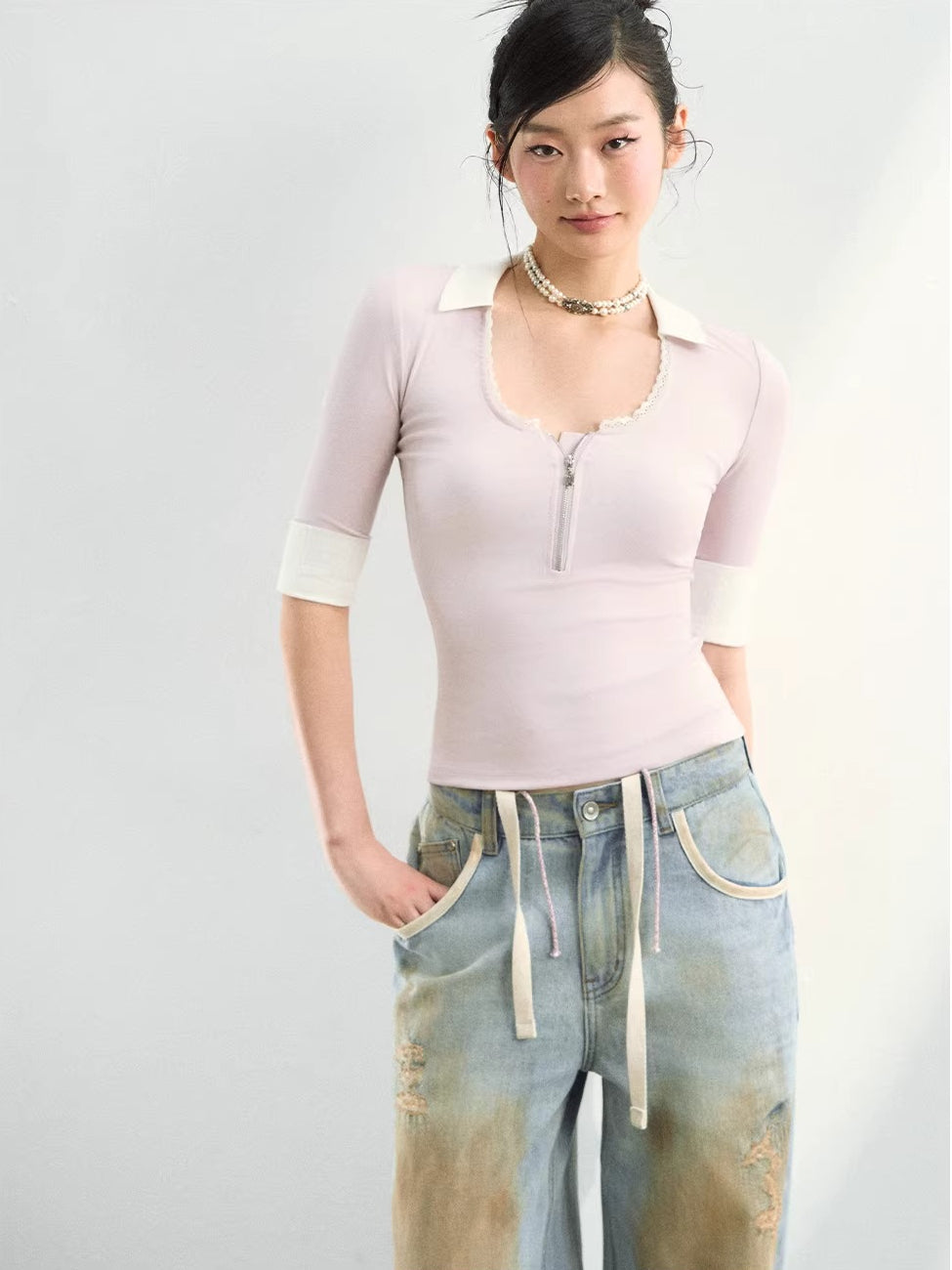 Lace Trim Zip Knit Tee