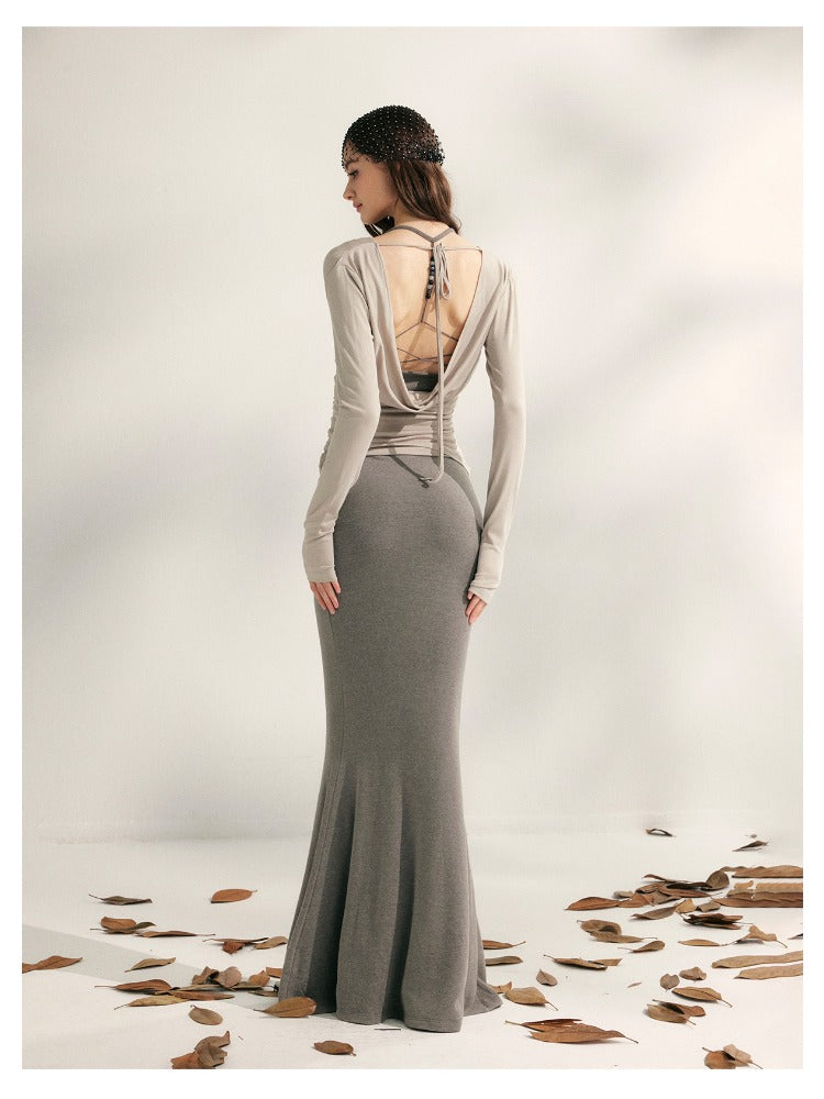 Beaded Halter Knit Fishtail Dress