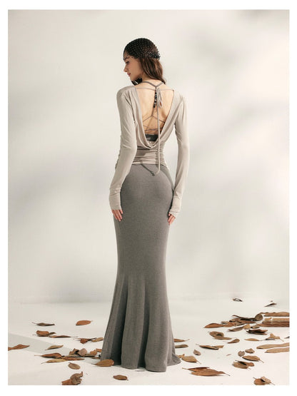 Beaded Halter Knit Fishtail Dress