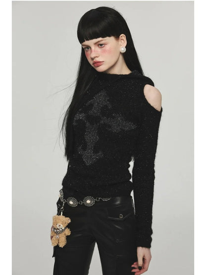 Mohair Off-Shoulder Knit Hoodie