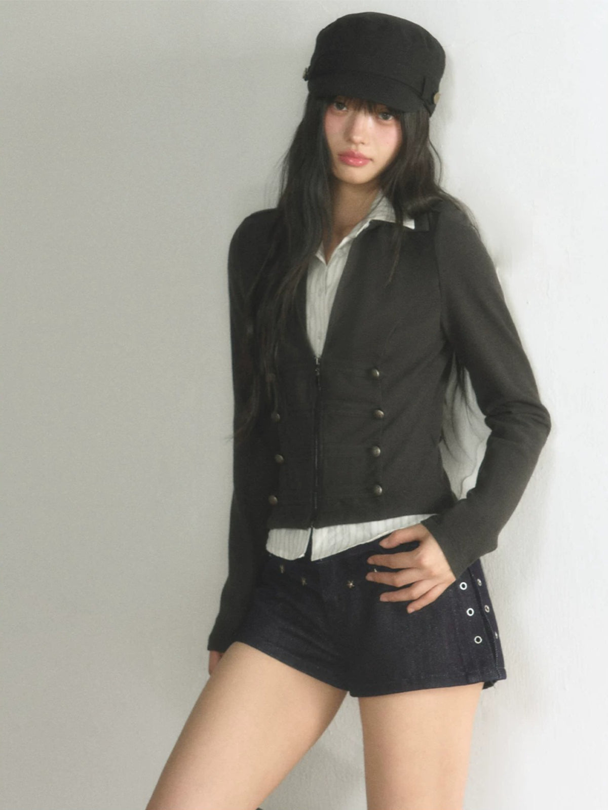 Vintage Double-Breasted Layered Cropped Jacket