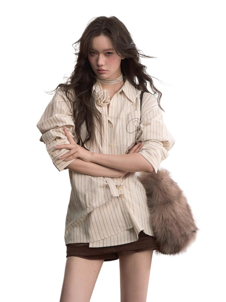 Two-Way Belted Choker Stripe Shirt