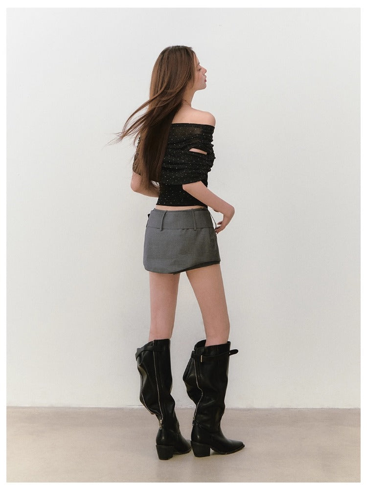 Rhinestone Off-the-Shoulder Pure-Desire Style T-shirt
