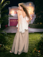 Khaki & White Wide-Leg Draped Pants