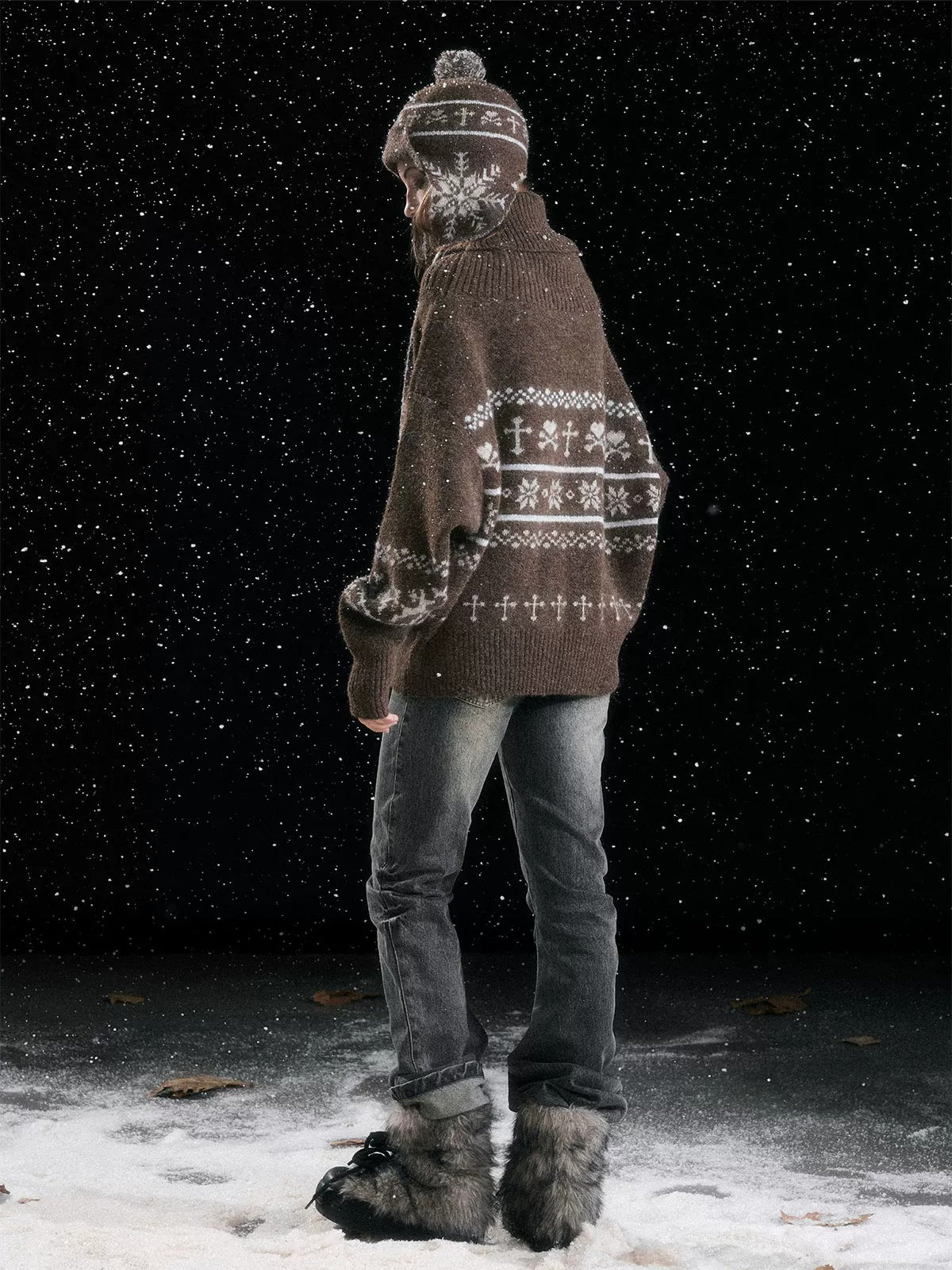 Striped Snowflake Knit Earflap Hat