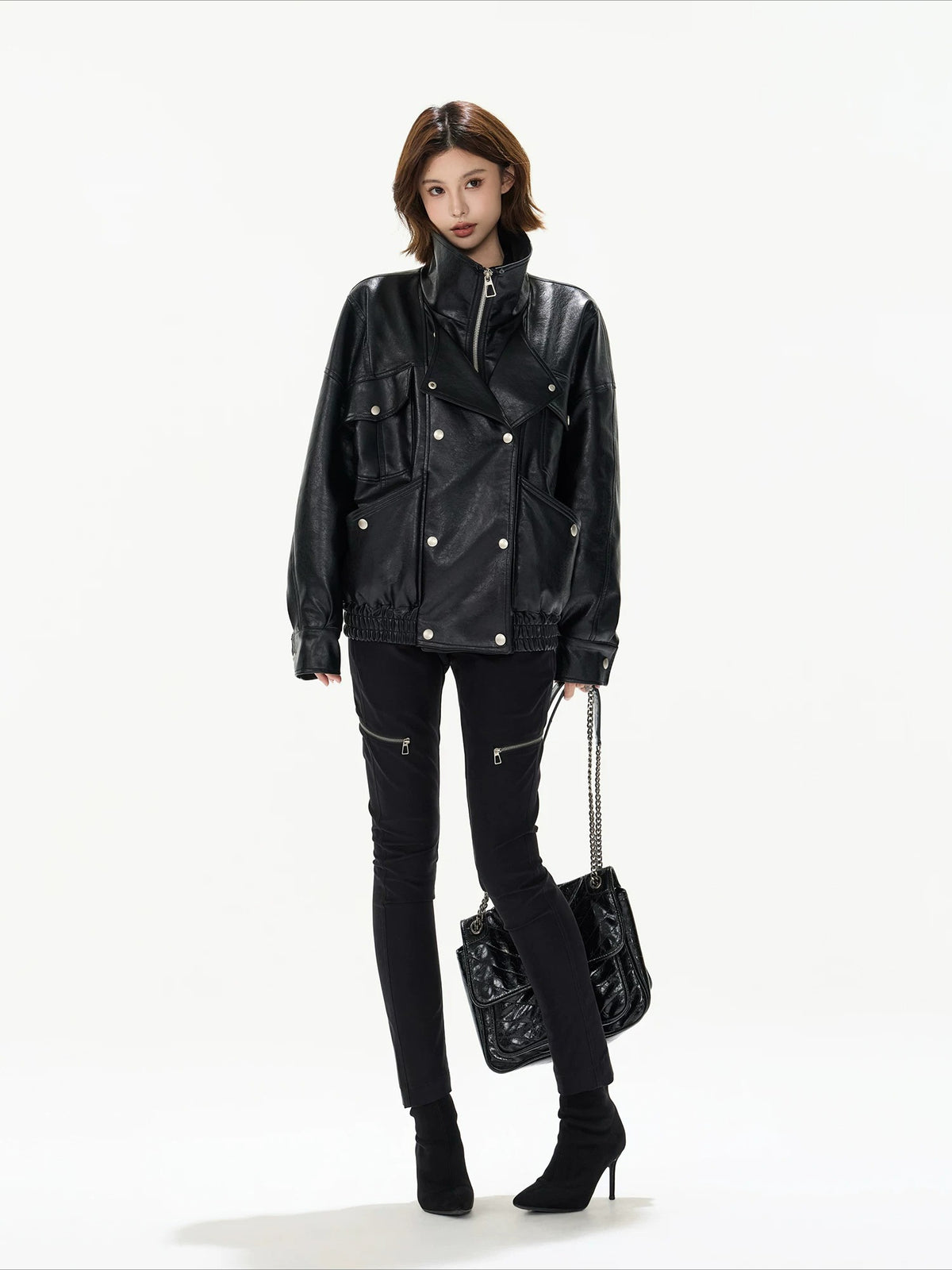 Oversized Double-Breasted PU Leather Jacket