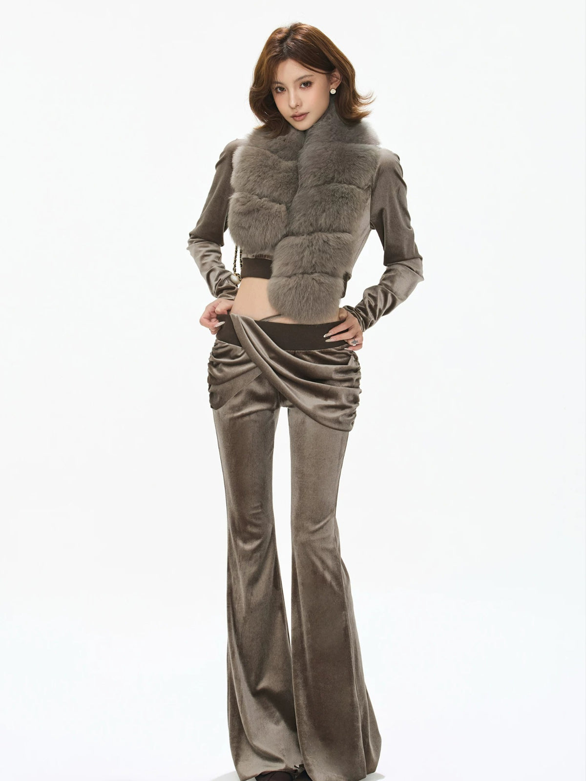 Velvet Hooded Cropped Flared Pants Set