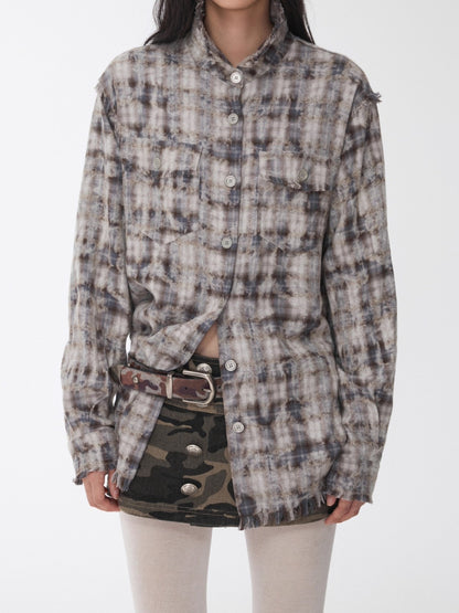 Washed Plaid Frayed-Edge Fitted Shirt