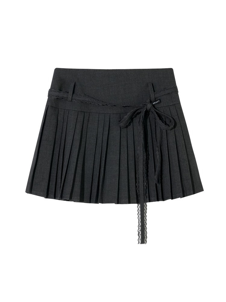 Gray Lace-Up Pleated Skirt