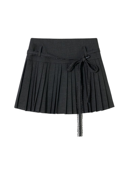 Gray Lace-Up Pleated Skirt