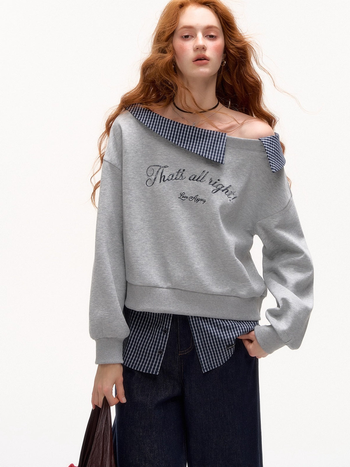 Plaid Embroidery Off-Shoulder Sweatshirt
