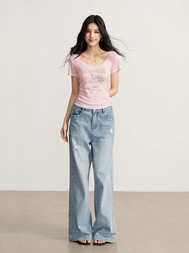 Rhinestone Floral U-Neck T-shirt