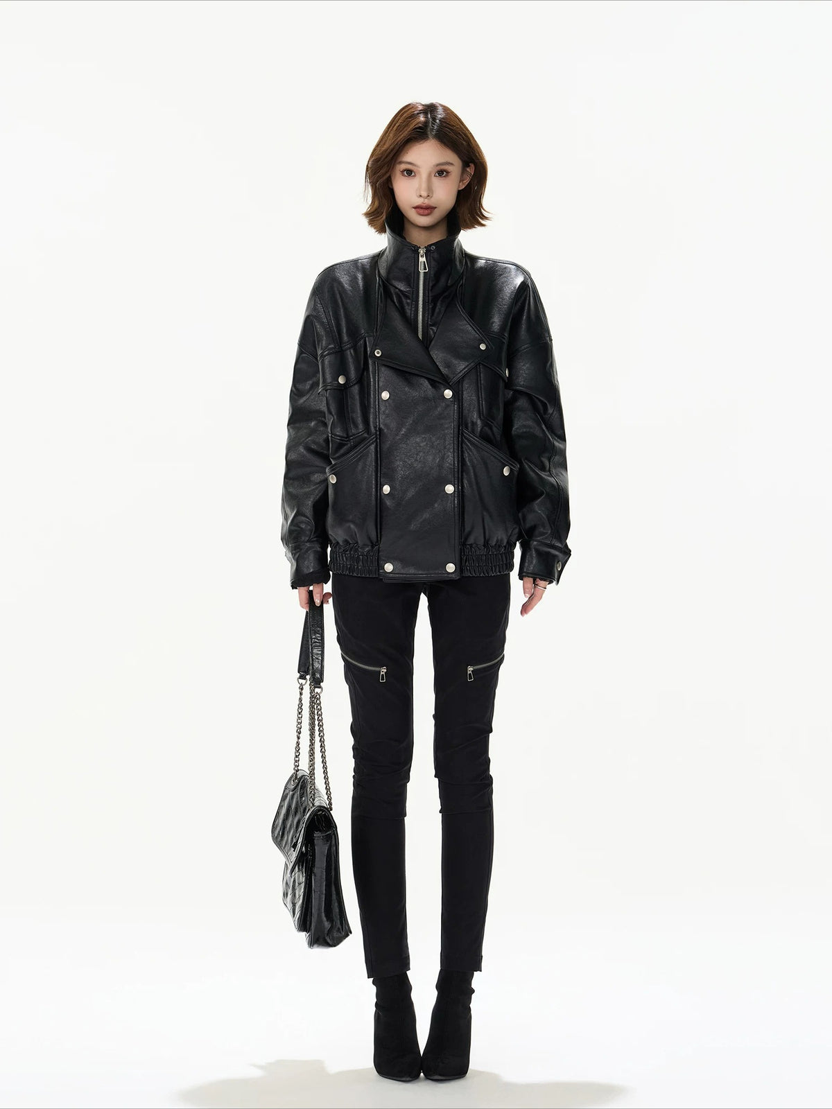 Oversized Double-Breasted PU Leather Jacket