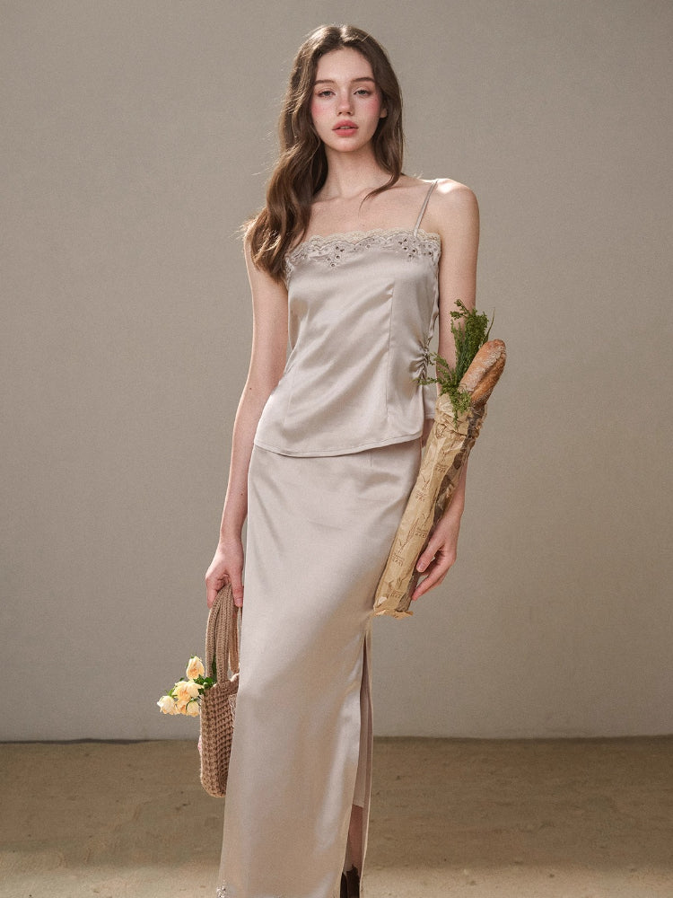 Cosagach Pearl Satin Embroidered Camisole &amp; Skirt Set