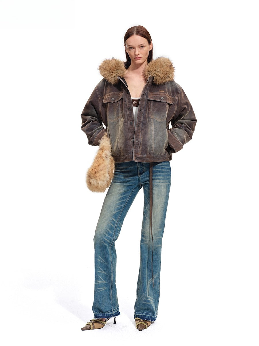 Ross Oversized Washed Eco Fox Fur Collar Denim Jacket
