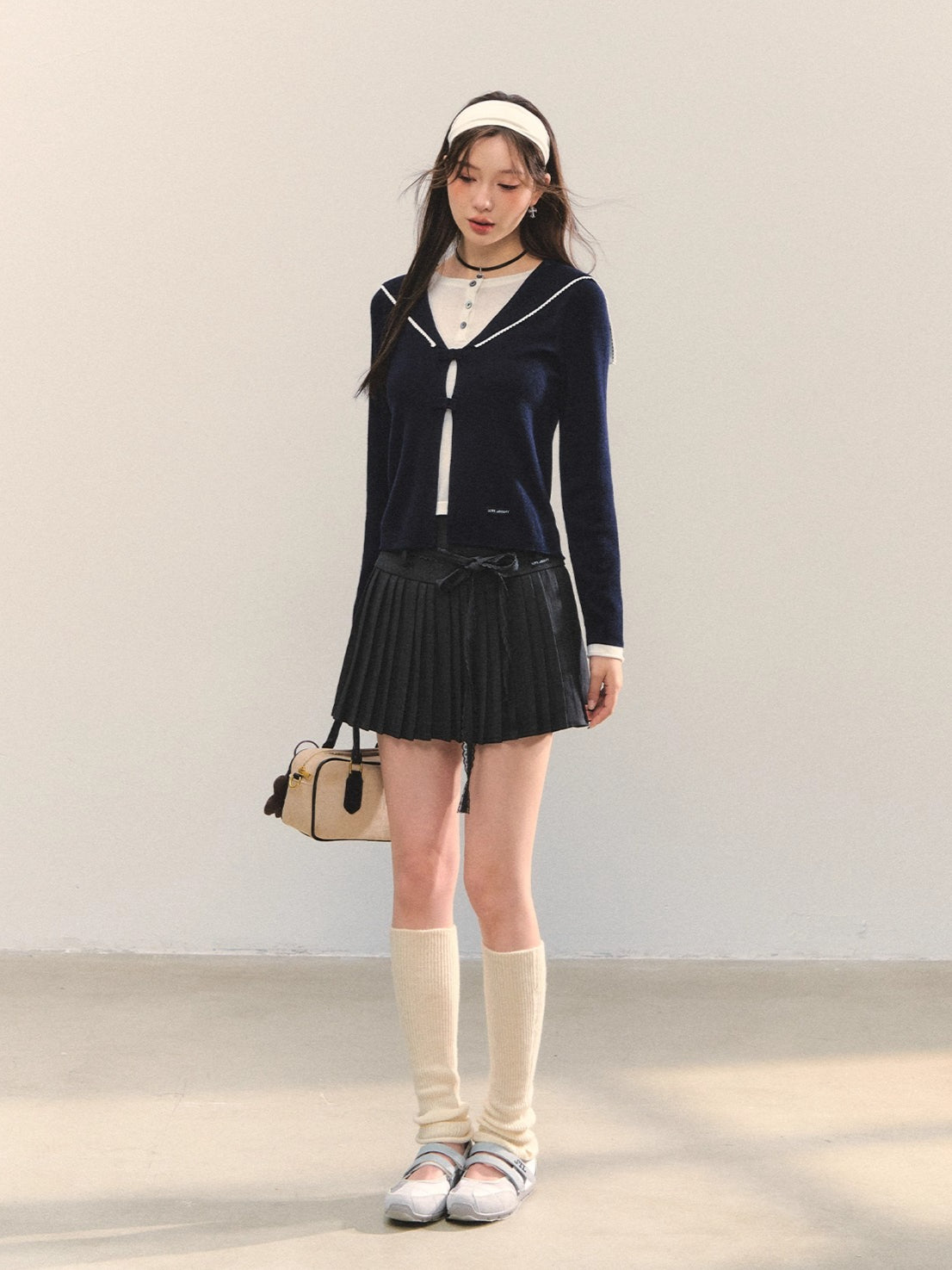 Gray Lace-Up Pleated Skirt