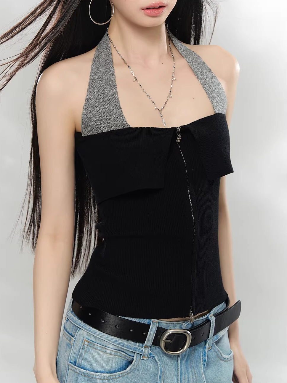 Contrast Zip Halter Top