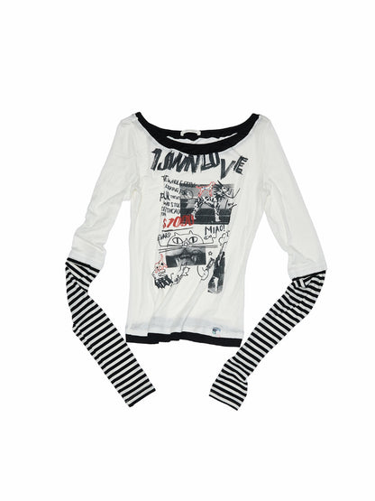 Striped Fake Two-Piece Graffiti Printed T-shirt