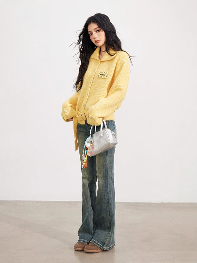 Collared Belted Knit Cardigan