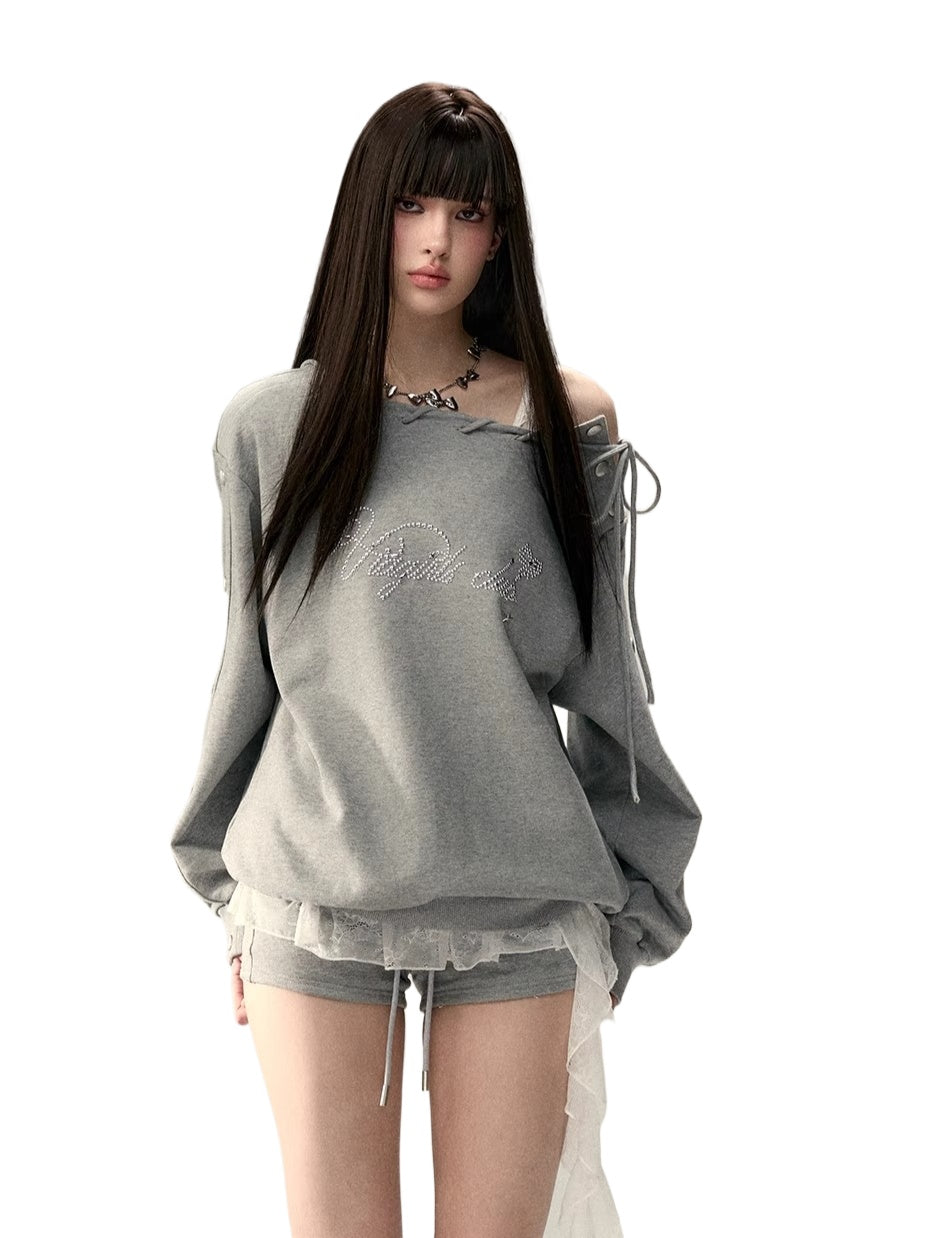 Studded Off-Shoulder Cotton Sweatshirt