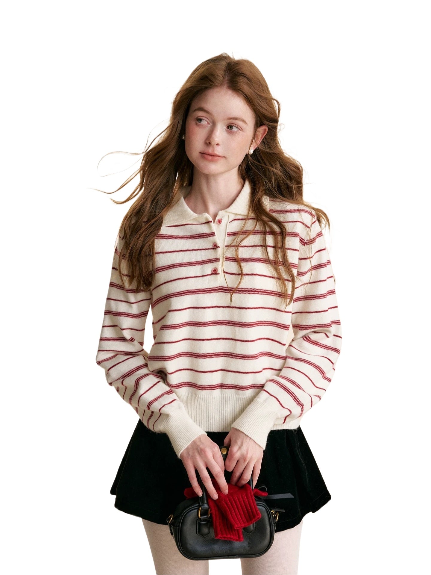Striped Knit Polo Neck Pullover Sweater