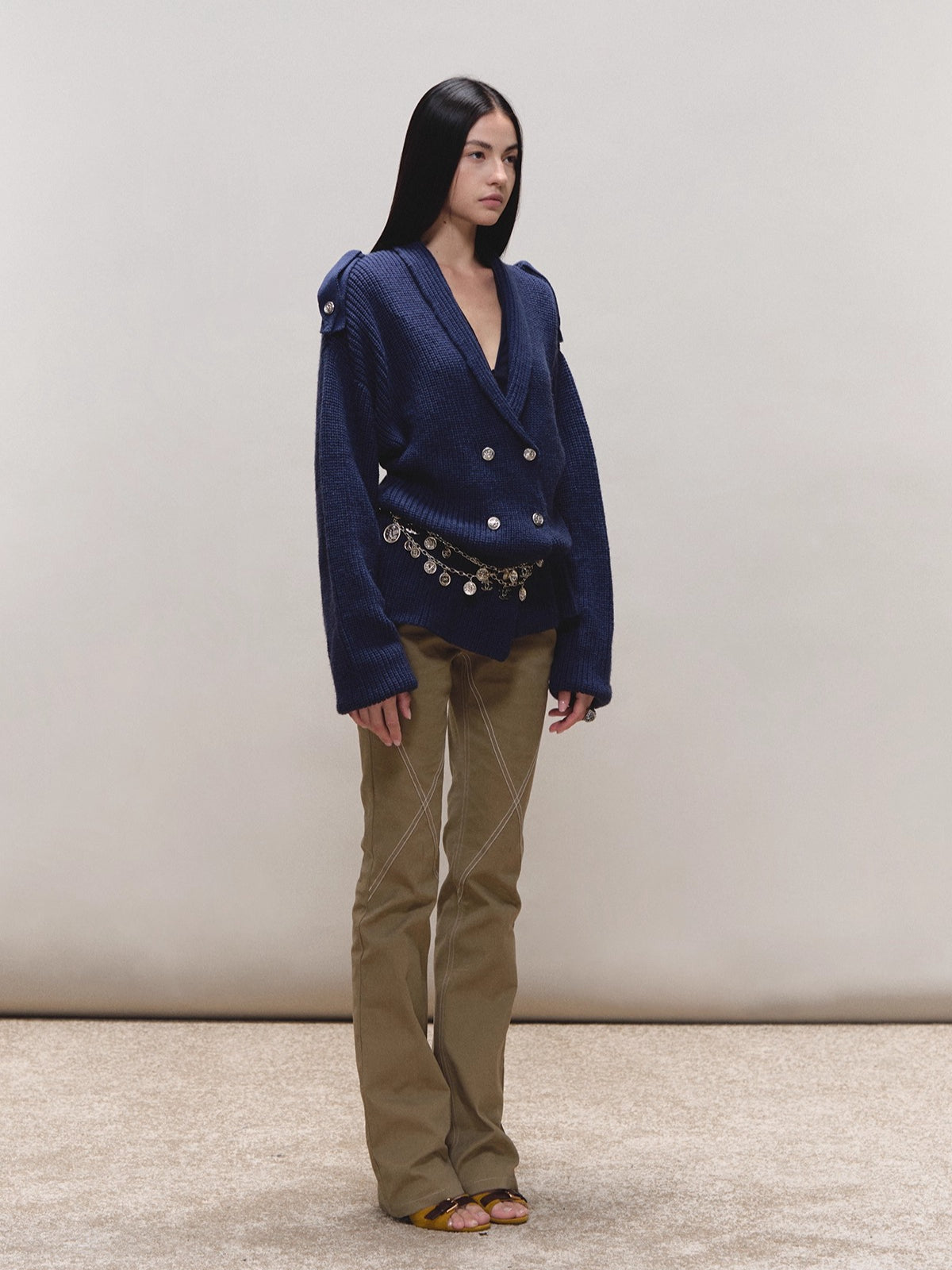 Wool Epaulet Double-Breasted Cardigan