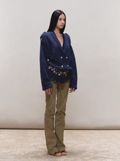 Wool Epaulet Double-Breasted Cardigan