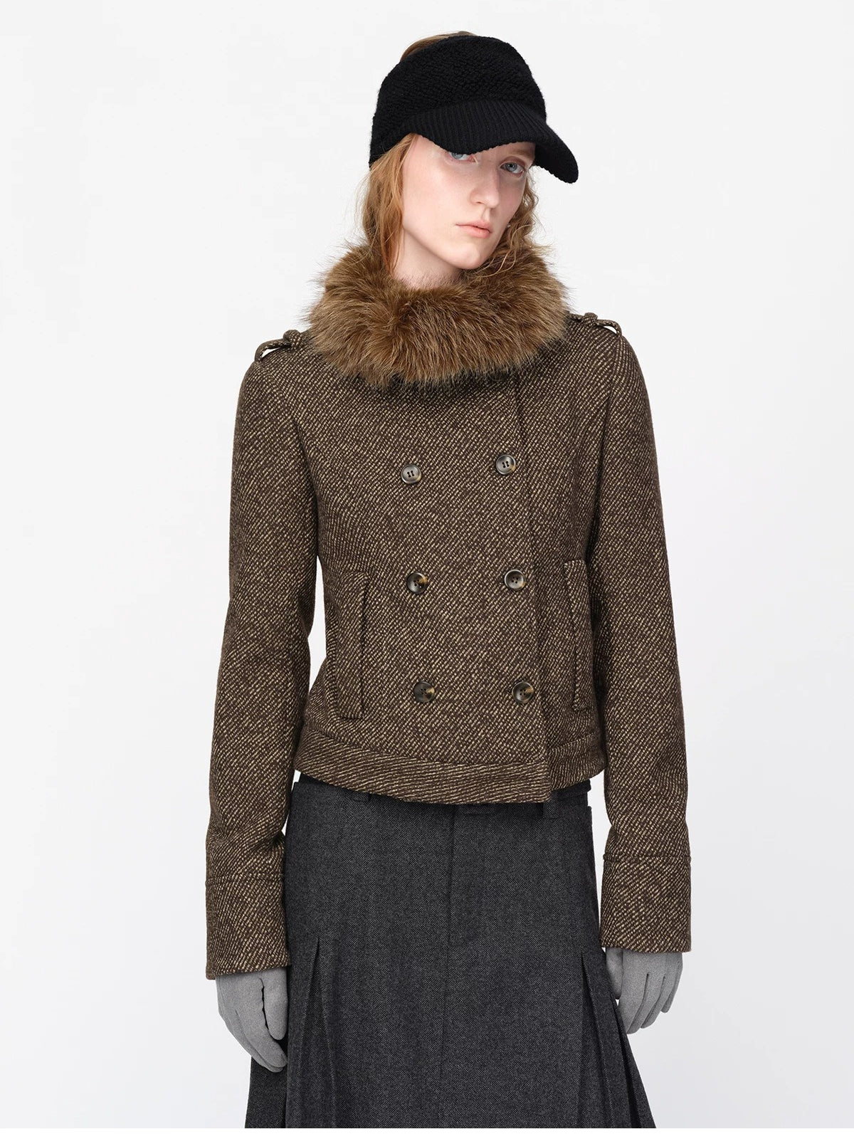 British Vintage Wool Fur Collar Coat