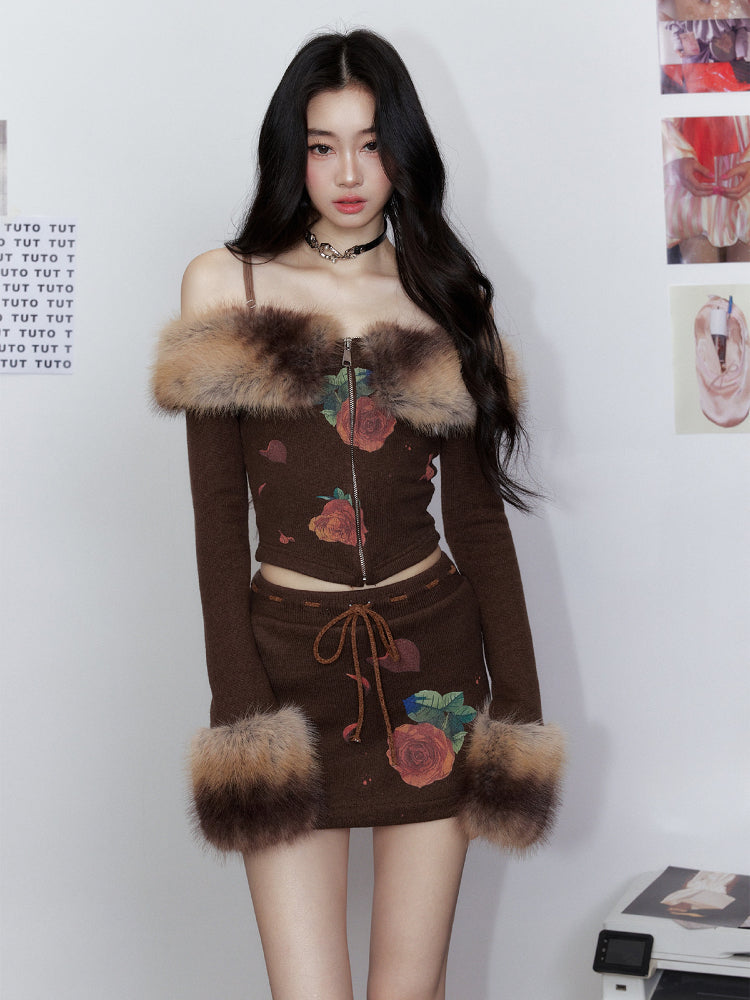 Faux Fur Gradient Knit Sweater with Fur Collar &amp; Skirt Set