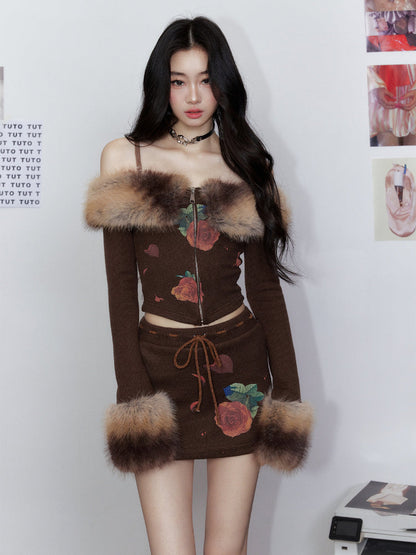 Faux Fur Gradient Knit Sweater with Fur Collar &amp; Skirt Set
