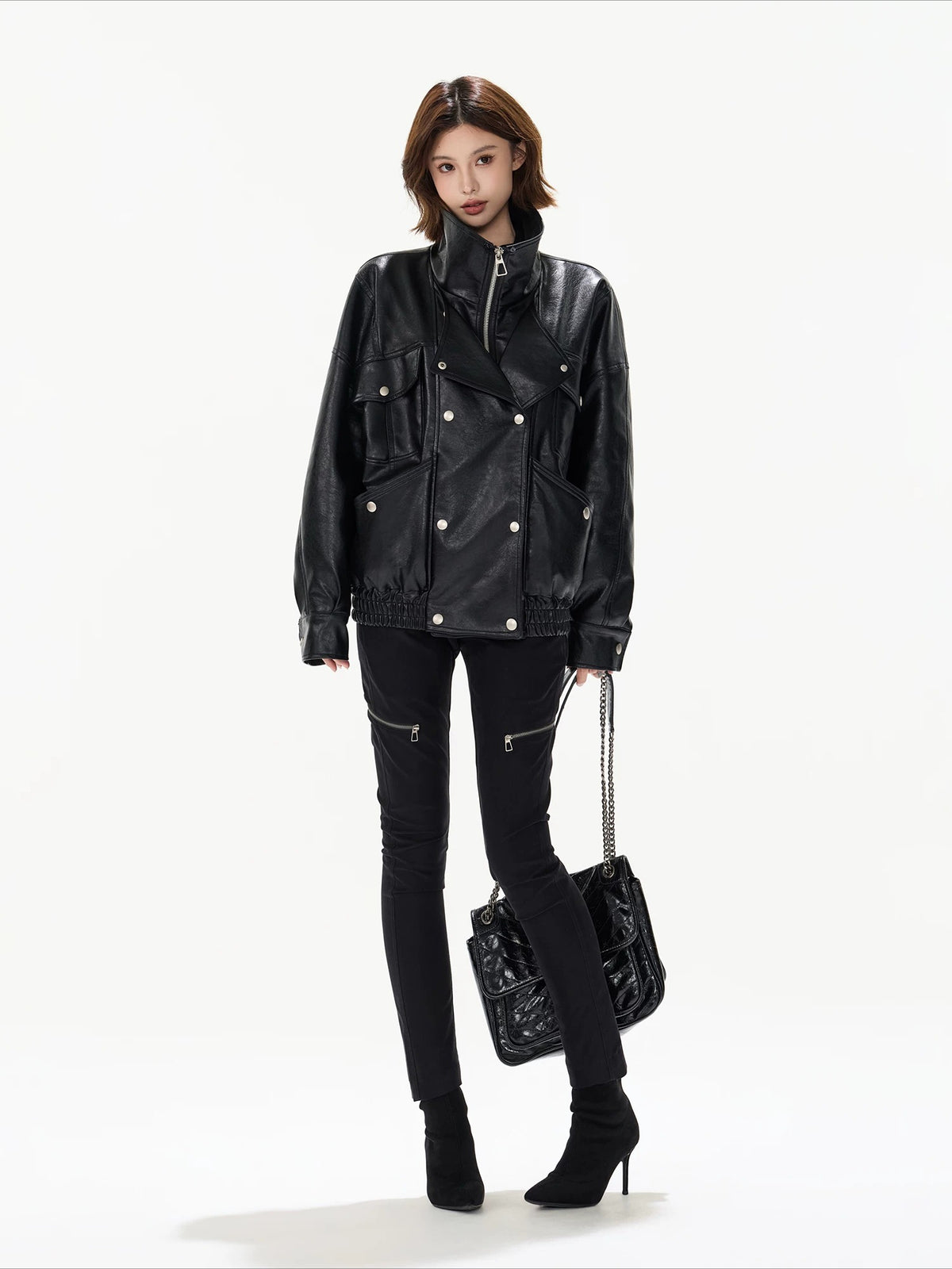 Oversized Double-Breasted PU Leather Jacket