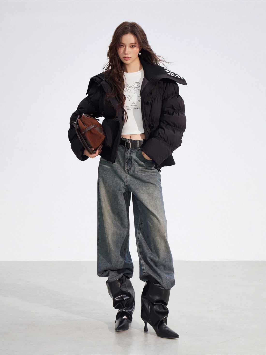 Black & Beige Navy Collar Patchwork Down Jacket