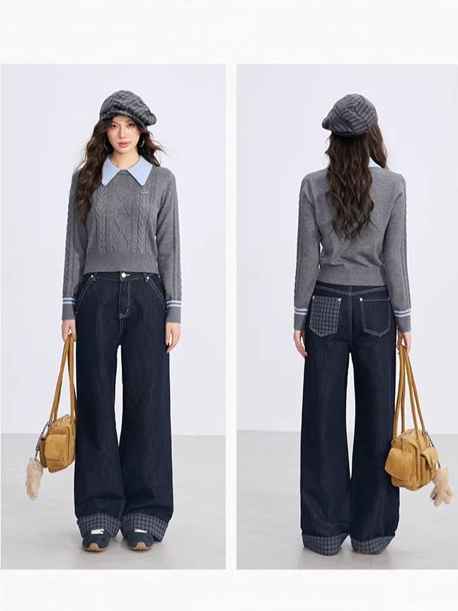 Contrast Collar Cable Knit Sweater