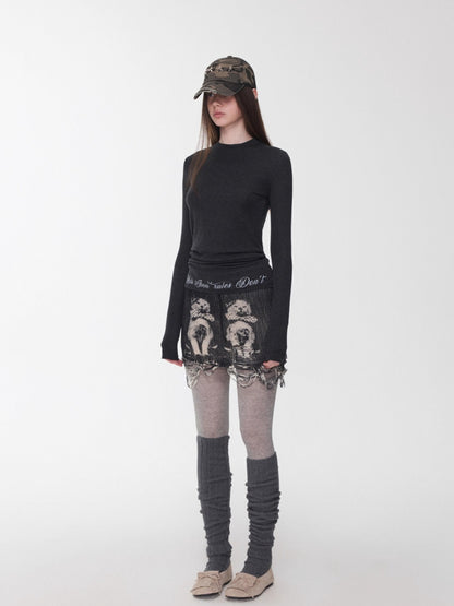 Basic Letter Print Semi-Sheer Long Sleeve Tee