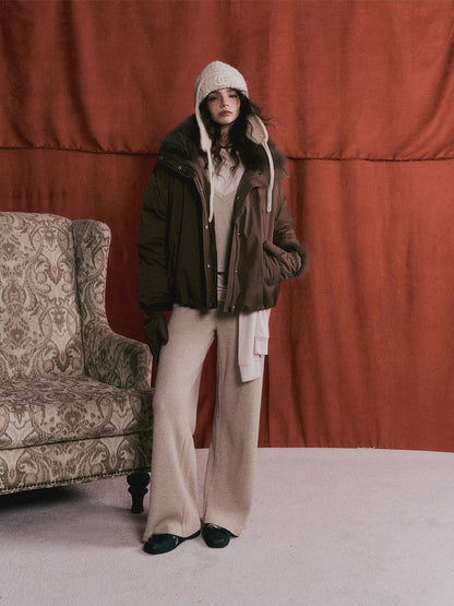 Detachable Fur Collar Short Down Jacket &amp; Gloves Set