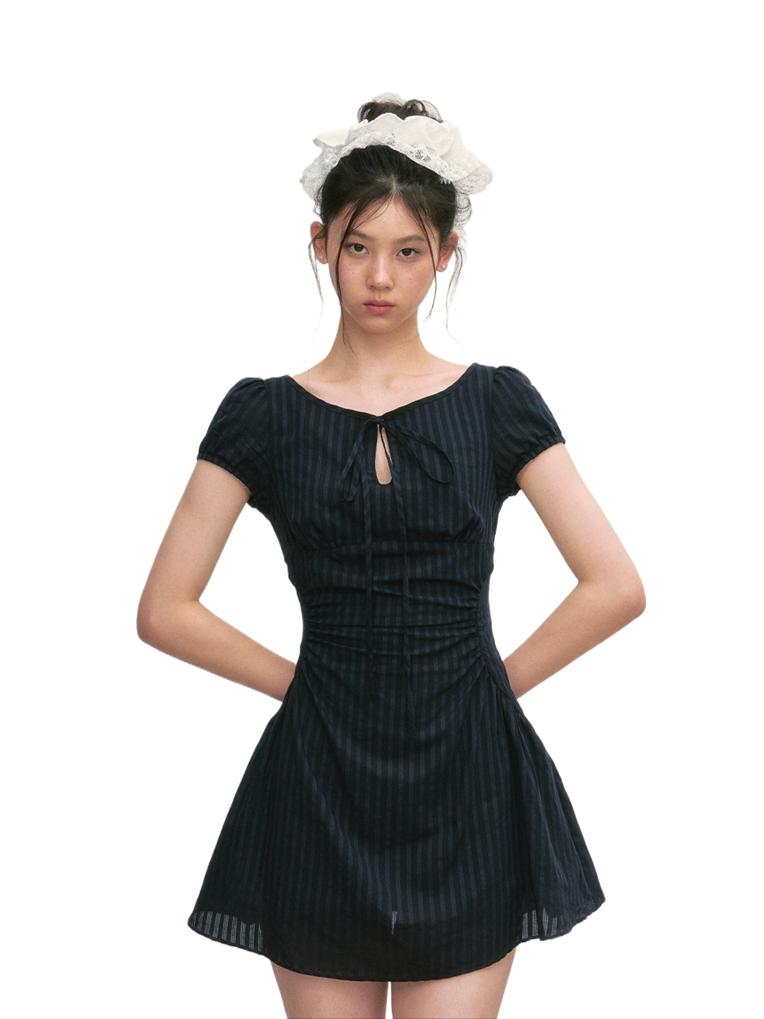 Navy Blue Tie-Waist Puff Mini Dress