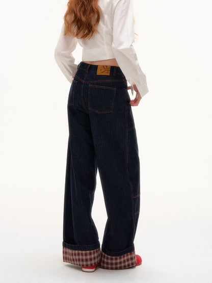 Yellow &amp; Red Plaid Hem Denim Pants