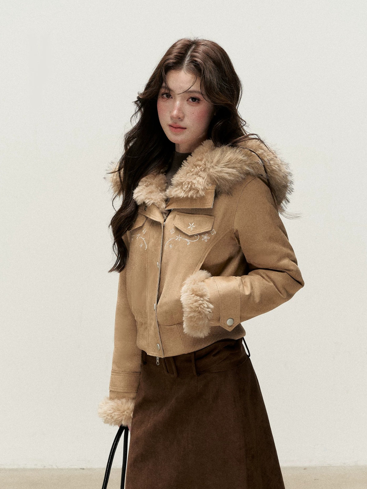 Embroidered Faux Suede Hooded Jacket