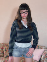 Lace V-Neck Striped Shirt