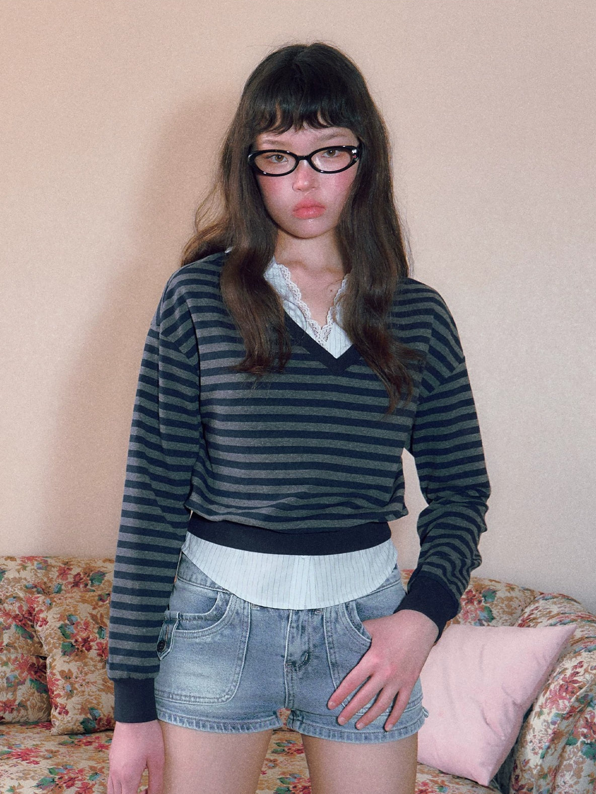 Lace V-Neck Striped Shirt