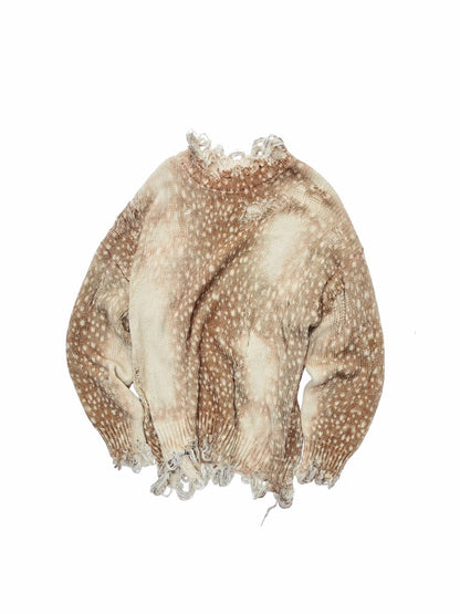 Vintage Deer Print Distressed Knit Sweater