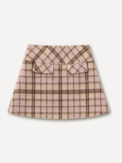 Pink &amp; Brown Plaid A-line Wool Skirt