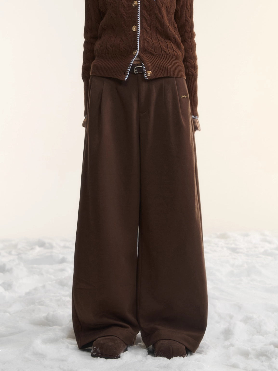 Plaid Fleece-Lined Wide-Leg Pants