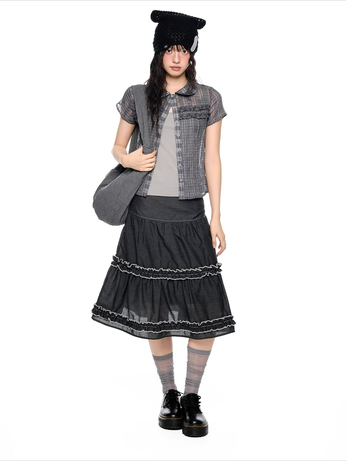 Pleated Plaid Collar Top