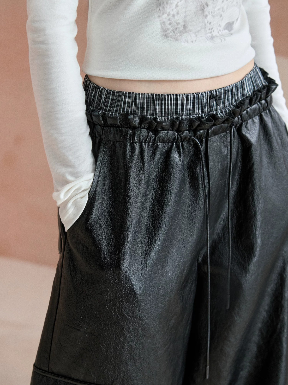 Double Waist Faux Leather Pants