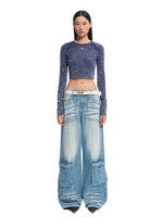 Washed Twill Denim Whisker Wide-leg Jeans