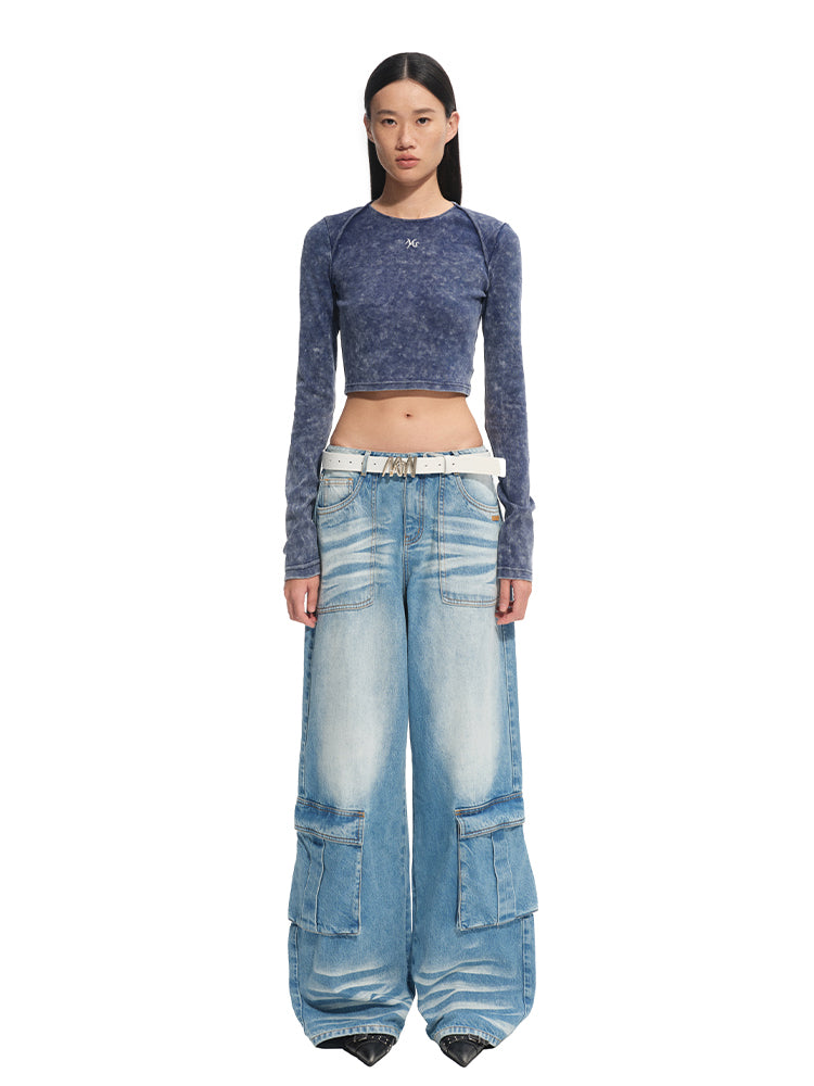 Washed Twill Denim Whisker Wide-leg Jeans